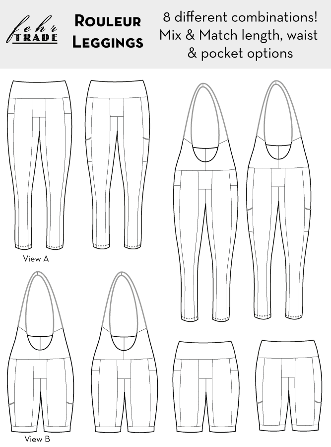 Rouleur Leggings pattern - technical drawing of all eight combinations of interchangeable length, waist treatment, and pocket type