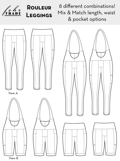 Rouleur Leggings pattern - technical drawing of all eight combinations of interchangeable length, waist treatment, and pocket type